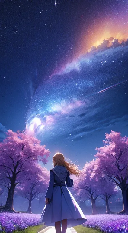 １people々々々々々々々々々,Blonde long-haired woman，Fairy， Dress Silhouette， Rear View，Space Sky, Flower Field，Colorful flowers