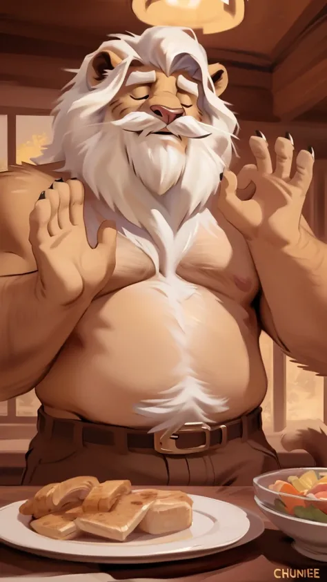 by chunie by catsudon by retros, male,((mature,mature male)),((Bearded,mustache)), felid, solo, Lion,dad bod,(white hair), facial hair, facing viewer, (((closed eyes))), ((smilling)), feline claws, ((5 fingers)), dining room background, shirtless, smile, (...