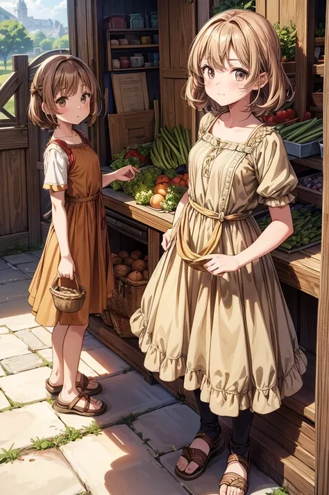 1girl,(anime coloring:1.2), best quality, looking at viewer, short wavy hair, chestnut hair, feminine,(solid Maxi dress), (Light brown color Short sleeve Maxi dress:1.3),Medieval Europe,Ancient Village,Vegetable stall,((Fantasy))