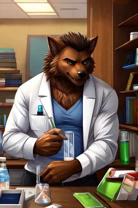 BrownWerewolf put on a scientist’s shirt 
