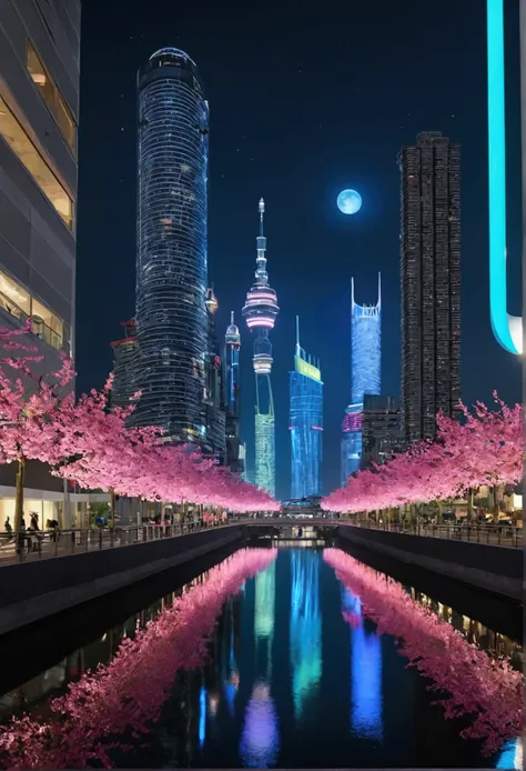 (nebula hyper nebula starry sky_Sky Moonset Magnificent Moonrise Wide々Clear moonlight) In this futuristic image of a city at night，We were taken to a city full of technology and innovation.。Skyscrapers towering into the night sky shine with neon lights，Dra...