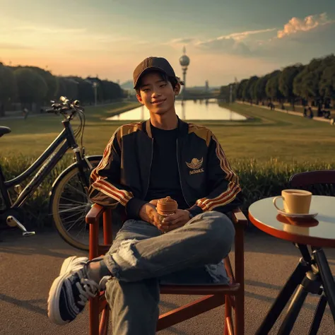 Cinematic photo of a young man from Indonesia with close-cropped hair, baseball cap, black t-shirt, red and white striped jacket with the adidas logo, long jeans, sneakers, sitting on a long chair, there is a table with a cup of cafe shop coffee, in front ...