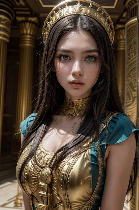 A captivating concept photo that seamlessly blends fantasy, fashion, and historical elements. The majestic Egyptian woman, with long, straight dark hair, striking blue eyes, and a fierce warriors posture, stands as the central figure. Inspired by the grung...