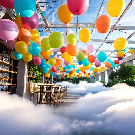 Many balloons are hanging from the ceiling, Refreshing background, 空のairship, Cloud Background, 空に浮かぶairship, Cloud Background, Cafe above the clouds, High quality images”, airship, sunny day background, Bright sunny day, widescreen shot, banner, Clean bac...