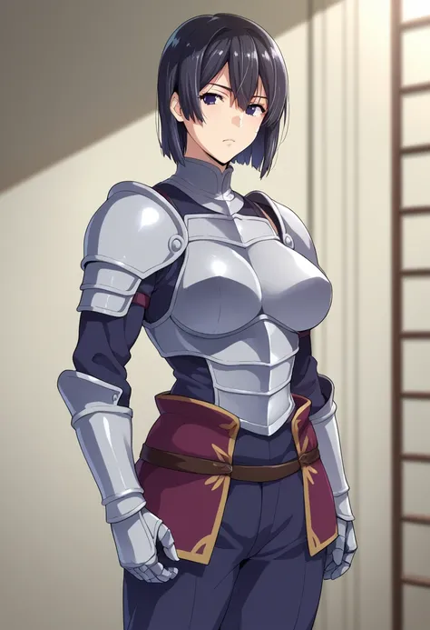 human, ((1girls)), 25 years old, Short Hair, black hair, black eyes, knight armor, cup breasts L, ((white  skin)), 1m75, deserted, ((Takeda Hiromitsu style)), left eye scar, scabbard on waist, exposed stomach, small muscles, drowsiness, background room adv...