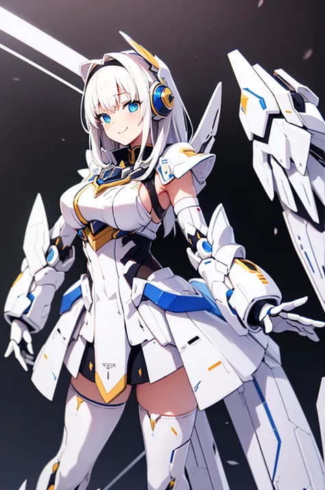 mecha wings、white and yellow skirt、accentuated thighs、white tights、chest、beautiful white hair、1 girl、solo girl、thick thighs、is、f...