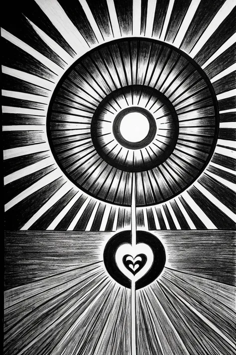 black and white drawing of “a sun of happiness inside my heart”