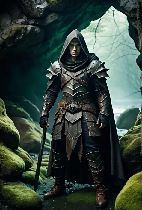 a warrior in leather armor and hooded cloak, standing in front of a mossy rocky cave entrance, setting traps, detailed facial features, high quality, cinematic lighting, epic fantasy, muted colors, dramatic atmosphere