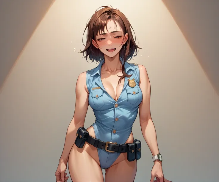 japanese beauty naked,police belt,watch on wrist,drunk,standing in front of a white wall、whole body