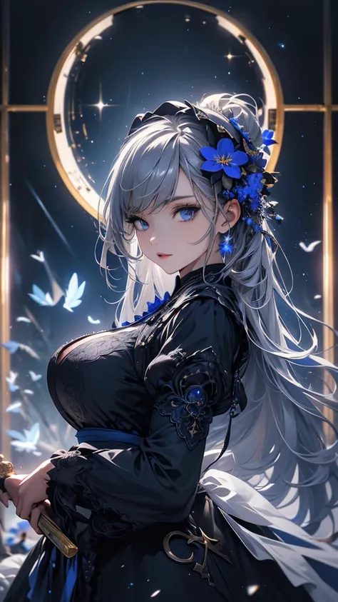 masterpiece, high quality, 4K, Beautiful design, silhouette，Gray Hair， 非常に詳細な夜のStarry Sky,Flower Field， wonderful, Finer details,  Very knowledgeable woman, Highly detailed solo, 1 female,blue eyes，Big Breasts，Gothic Lolita Fashion，Night view，Starry Sky，Bl...