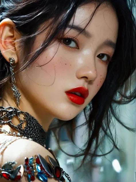 1girl, solo, long hair, black hair, jewelry, upper body, necklace, black eyes, bracelet, lips, looking to the side, looking away, ring, freckles, realistic, red lips