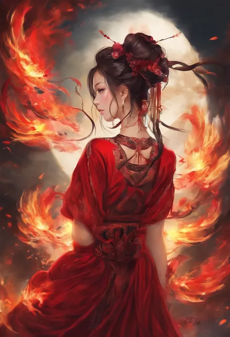 best quality,masterpiece,Ultra-high resolution,(photoactual:1.4),Dark Background,The fire is shocking，Game characters,20-year-old，a cold,Beautiful oriental woman（goddess）,deep red eyes,Dark red long ponytail，Wearing red ancient Hanfu,Backless,fire tattoo o...