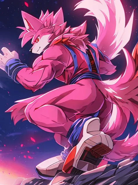 ((wolf)), 1 , ((super saiyan)), ((pink fur)), ((fluffy tail)), ((red eyes)), ((furry)), battle suit, perfect eyes, muscular