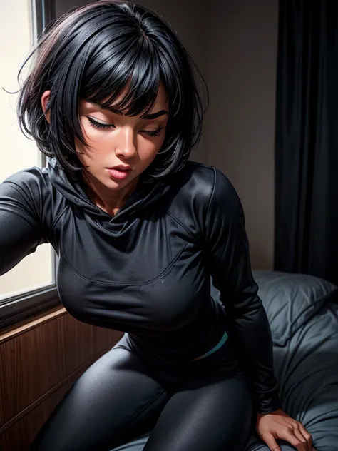 Woman with short hair with black bangs, fair skin, blue eyes, black sweatshirt and leggings, breasts facing the viewer, sensual pose. looking at the viewer. yawn, sleepy expression, drowsiness, mouth open, eyes closed