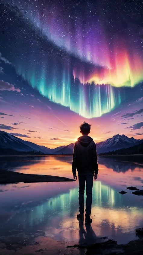 Best quality, masterpiece, fantasy, octane rendering, phone wallpaper, ((dark silhouette of a boy)), ((he looks tiny in the picture)), this boy  stands in the middle of the picture, is looking at the sky at night, from behind, vast and exspansive archipela...