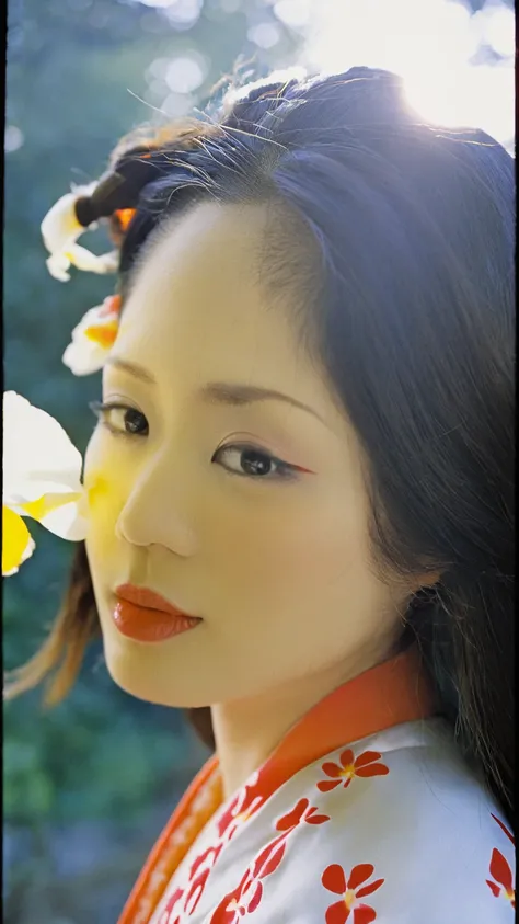 a close up of a woman In kimono with a flower in her hair, Yoshitomo Nara, Chiho, Ayaka, My motto is Teshirogi, Akemi Takada, A, Ka, Sa, Ta, Na, Ha, On , In kimono, Aoi Ogata, Sakura Kinomoto, In kimono