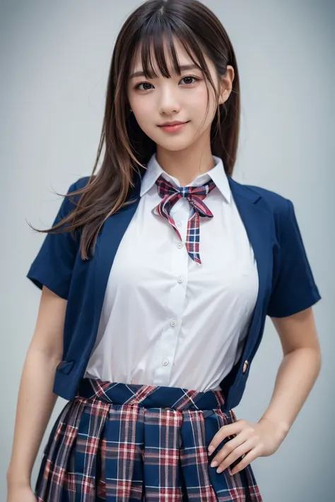 ((school uniform)),ribbon at neck,(school uniform and ((Plaid navy skirt)) and white shirt:1.1), Skin color, big , smile, (8k, RAW Photos, Highest quality, masterpiece:1.2), masterpiece, super detailed, super high quality, (Realistic and Realistic photogra...