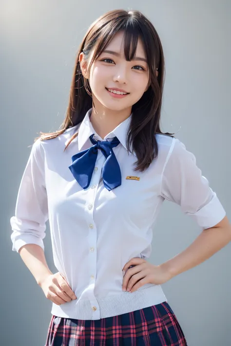 ((school uniform)),ribbon at neck,(school uniform and ((Plaid navy skirt)) and white shirt:1.1), Skin color, big , smile, (8k, RAW Photos, Highest quality, masterpiece:1.2), masterpiece, super detailed, super high quality, (Realistic and Realistic photogra...