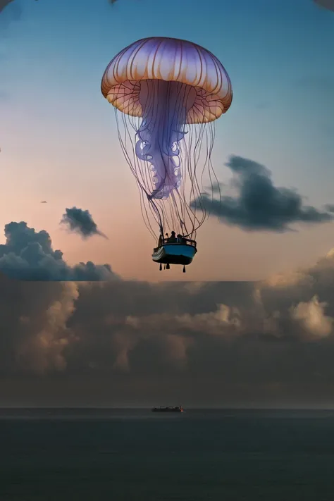 Create floting jellyfish on sky , Sea boat with horizon 