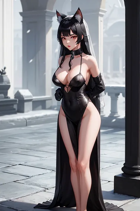 16 years old，1 girl，Detailed facial details，Red lips，Cat ear，Black long hair，Wearing a snow-white bra wedding dress，Large Breasts，Slim，Tied to stone pillars，Handcuffs，Collar，Radiant Skin，Stand on a stone slab，Gallows