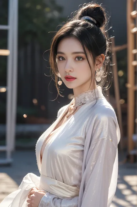 1 beautiful girl in Hanfu costume, ((black thin purple silk shirt with a lot of texture)), white lace top, long purple platinum ponytail Hair, Jewelry, ear jewelry, necklaces and necklaces, carefully drawn big purple eyes, makeup careful, thin eyebrows, hi...