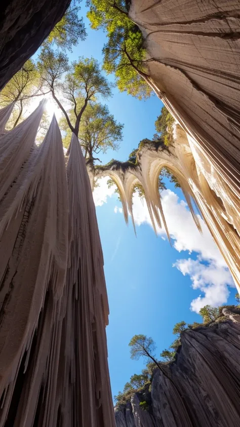 stalactites, fantastic, wide-angle screen, photographic style