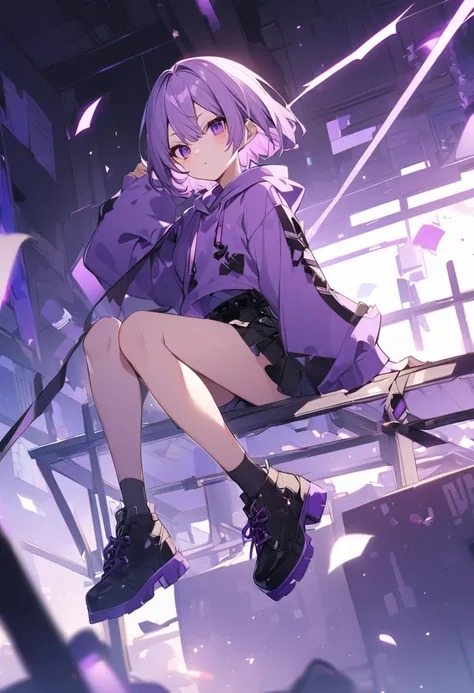 Keito。Purple Eyes。Light purple hair。Purple hoodie。Black short skirt。Black shoes下。Black shoes。short hair