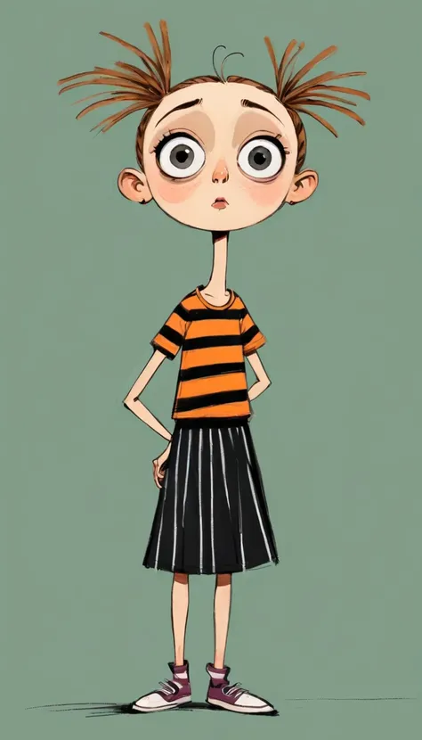 (((Exaggerated digital character sketches:1.37，Matchstick Men))).(1 Girl，big eyes，Pointed nose，Exaggerated expression，Striped T-shirt，Strap skirt)，(Black sketch lines，Loose brushstrokes create the outline， Bright colors and simplified lines, sketch)。(Exagg...