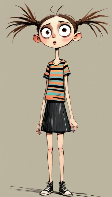 (((exaggerated digital character sketches:1.37，matchstick men))).(1 girl，big eyes，pointed nose，exaggerated expression，striped t-...