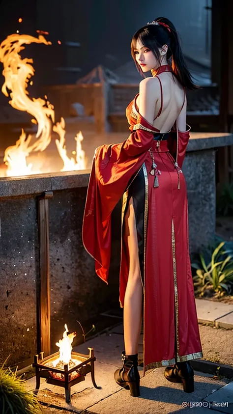 best quality,masterpiece,Ultra-high resolution,(photoactual:1.4),Dark Background,The fire is shocking，Game characters,20-year-old，a cold,Beautiful oriental woman（goddess）,deep red eyes,Dark red long ponytail，Wearing red ancient Hanfu,Backless,Back flame ta...