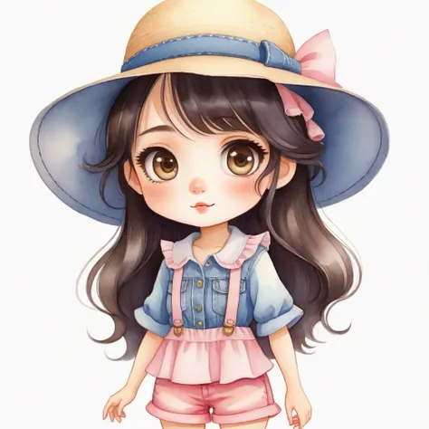 Chibi style digital art, best quality. watercolor illustration, cartoon style, chibi, digital illustration of a stylized character. a woman with large, expressive eyes and a friendly, approachable expression. She has long, dark hair and wears a pink ruffle...