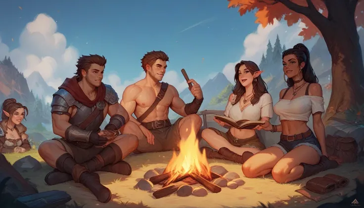 group of adventurers around a campfire, epic Art of RPG, dungeons and dragons artwork, Arte de RPG, 