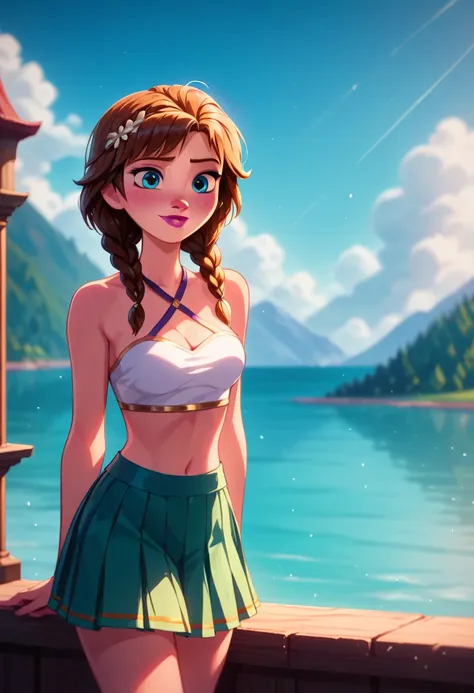 score_9,score_8_up,score_7_up,score_6_up, cinematic film still (anna from frozen, brown hair, braided pigtails), pleated skirt, ...