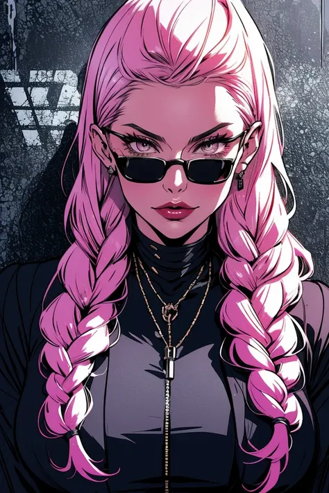 a pink-haired girl boss of the mafia,dark atmosphere,hidden weapons,high-end luxury cars,strategic meeting,secret hideout,heavy ...