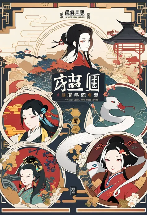 cover page, Four major folk legends of ancient China, The Legend of the White Snake, Bai she zhuàn, flat Design, vector illustrations, graphic illustration, detailed 2d illustration, flat illustration, digital illustration, digital artwork,