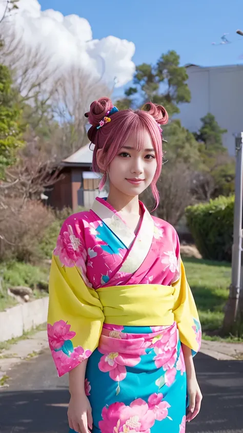 “A beautiful anime-style girl with pink hair styled in twin buns, wearing a traditional floral-patterned kimono with blue and yellow obi, standing among vibrant peony flowers. She has a more provocative expression with a slight smirk, half-lidded eyes, and...