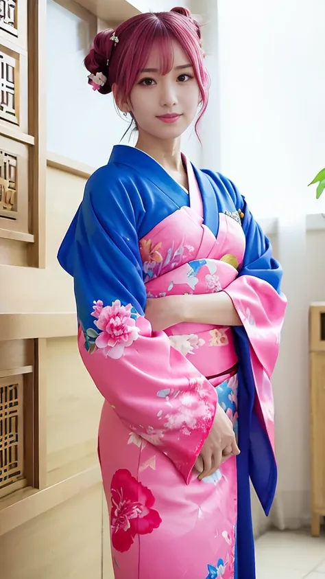 “a beautiful anime-style girl with pink hair styled in twin buns, wearing a traditional floral-patterned kimono with blue and ye...