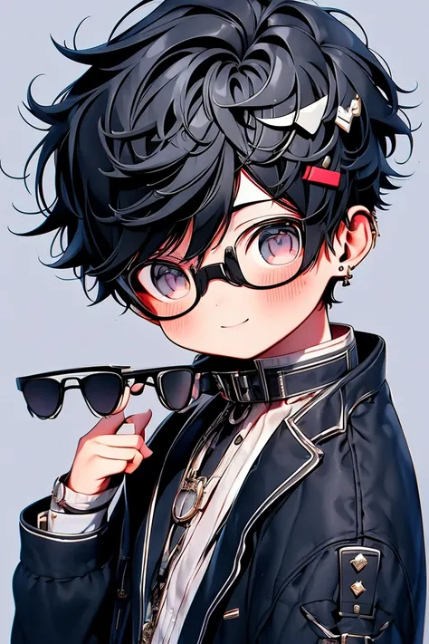  Boy trading stock charts in the office, One boy,  smile , Black Hair, Black-rimmed glasses, Stylish mysterious clothes ,Disheveled Hair,Little,3d,