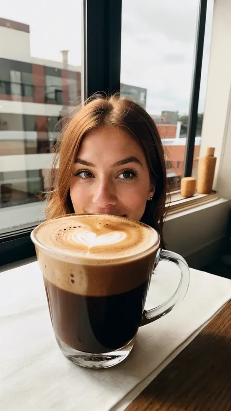 ((best quality)), ((masterpiece)), (detailed), A hyper-realistic, natural photo of a normal cup of cofee taken with a smartphone by an redhead influencer that is not on the photo, as the main focus of the imagem is the coffee, showing her breakfast. with a...