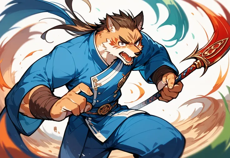 top quality, high-quality illustrations((masterpiece))depth of field, motion blur, absurdres, Perfect Anatomy, magnificent picture of kemono fighting fierce battles, kemono, 1boy, solo focus, Anthro((dramatic))epic, weapon, dynamic pose, One scene of movie...