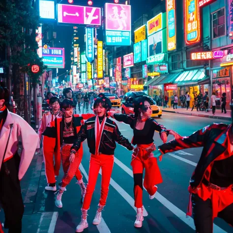 Scene**: The members walking along a vibrant city street, showcasing trendy outfits that blend street style and elegance.
- **Visuals**: Bright neon signs, fast-moving traffic, and playful interactions between the members.
- **Choreography**: A synchronize...