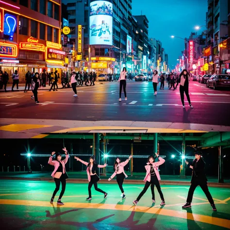 Scene**: The members walking along a vibrant city street, showcasing trendy outfits that blend street style and elegance.
- **Visuals**: Bright neon signs, fast-moving traffic, and playful interactions between the members.
- **Choreography**: A synchronize...