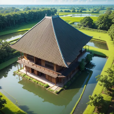 Modren home has a swimming pool in the forest in the middle of a rice field, wide view, can see the scenery.