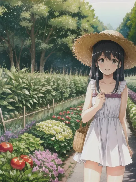 shoulder-length hair　black hair　home garden　have vegetables　smile　farms in the background　summery outfit　straw hat