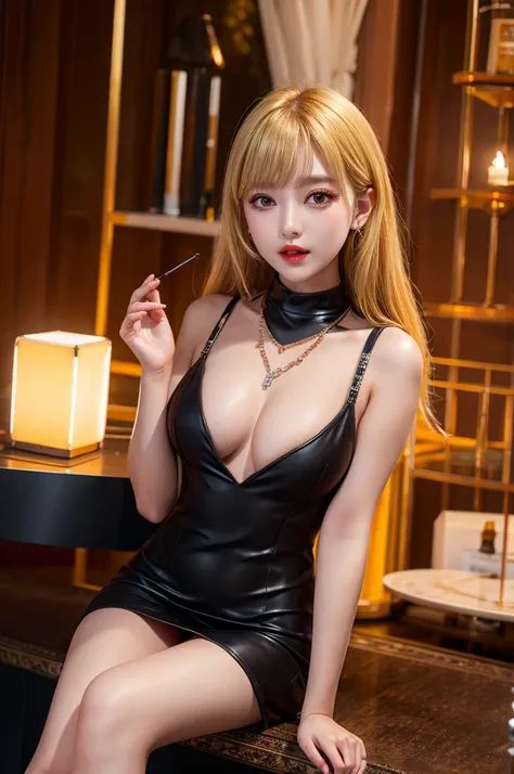 Highest quality,girl,cute,beautiful,Blonde,Sitting,Brown eyes,Black cabaret dress,black mini dress diamond necklace,