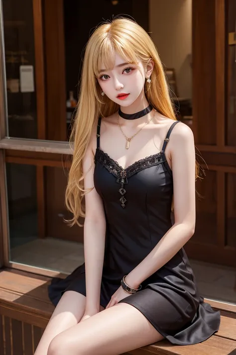 Highest quality,girl,cute,beautiful,Blonde,Sitting,Brown eyes,Black cabaret dress,black mini dress diamond necklace,