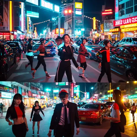 Scene**: The members walking along a vibrant city street, showcasing trendy outfits that blend street style and elegance.
- **Visuals**: Bright neon signs, fast-moving traffic, and playful interactions between the members.
- **Choreography**: A synchronize...