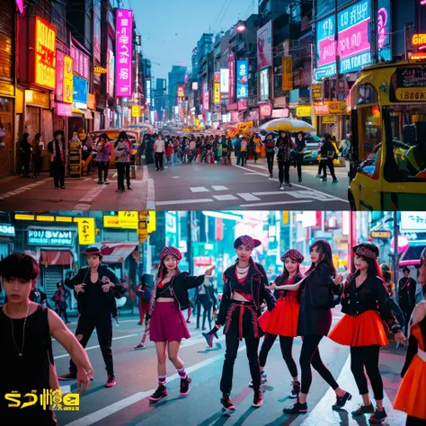 Scene**: The members walking along a vibrant city street, showcasing trendy outfits that blend street style and elegance.
- **Visuals**: Bright neon signs, fast-moving traffic, and playful interactions between the members.
- **Choreography**: A synchronize...