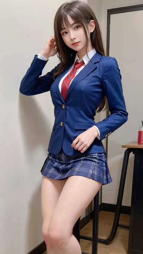 ((masterpiece)),(((best quality))),thin thighs,long legs,girl standing in school,red tie uniform,dark blue blazer,blue plaid skirt,18 years old,forehead,small smile,random pause，Pretty Woman，slim girl，