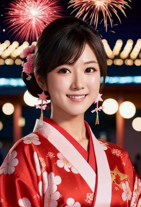 "(((One beautiful woman))), I, Masseter muscle area, Highest quality, Elegant anime style, Yukata outdoors, Spectacular Pyrotechnics, Star mine with a large number of fireworks, Shots from a distance, Backward view, Night view, A shy smile, Bokeh effect an...